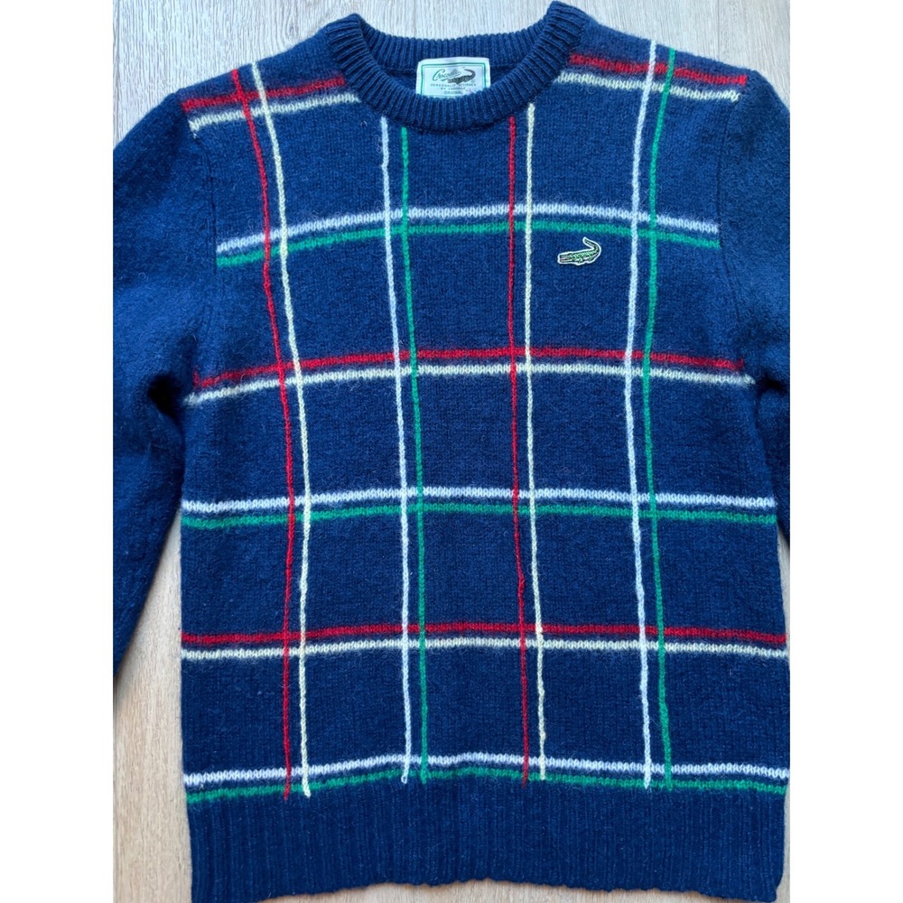 Vintage Crocodile Original Navy Blue 100% Wool Windowpane Plaid Crewneck Sweater - Picture 2 of 10
